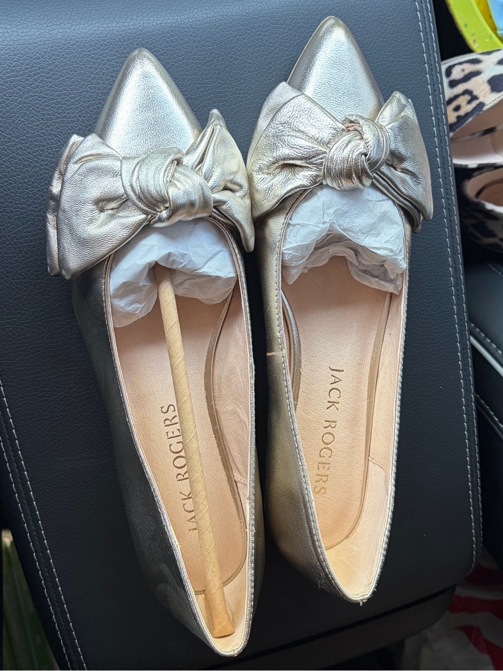 Jack Rogers Metallic Gold Pointed-Toe Knot Bow Flats